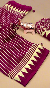 Magenta and White Striped Contemporary Satin Crepe Modal Silk Saree